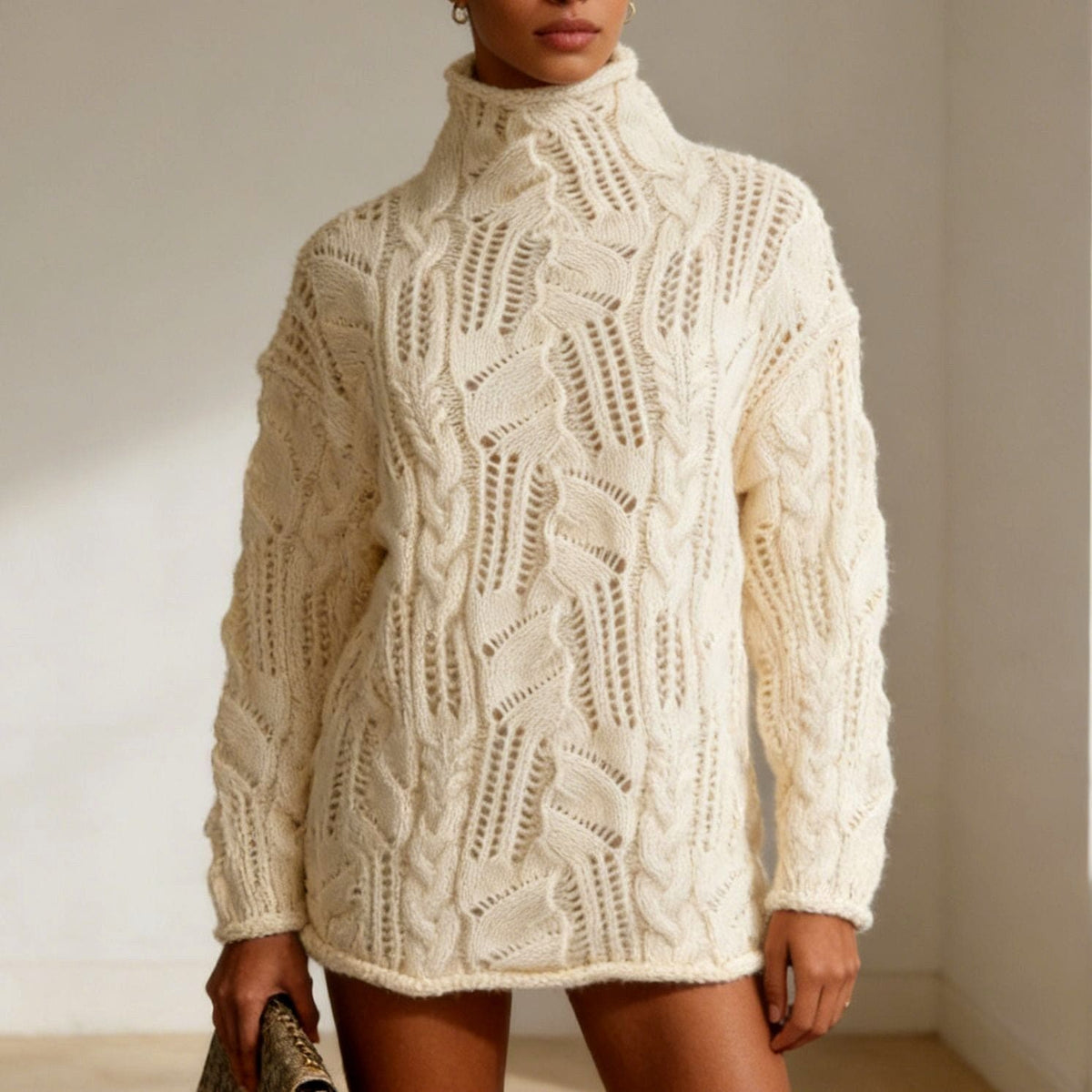 Samantha | Oversized cable knit turtleneck sweater in light blue