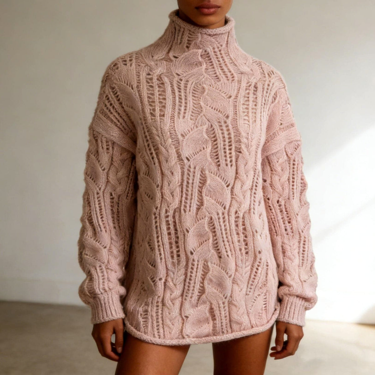 Samantha | Oversized cable knit turtleneck sweater in light blue