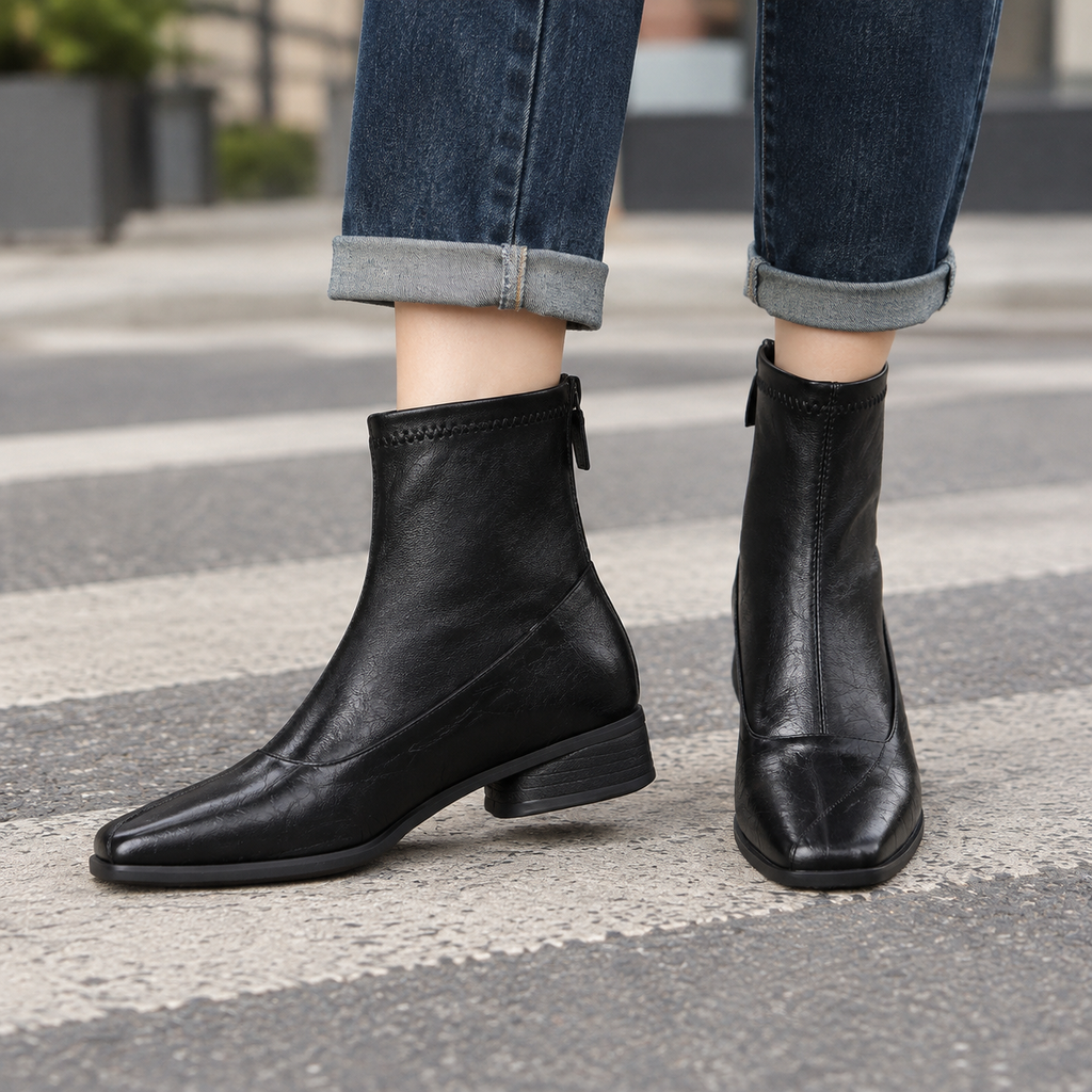 Person wearing black square toe ankle boots with low block heels and back zips, standing on a crosswalk in cuffed blue jeans._0