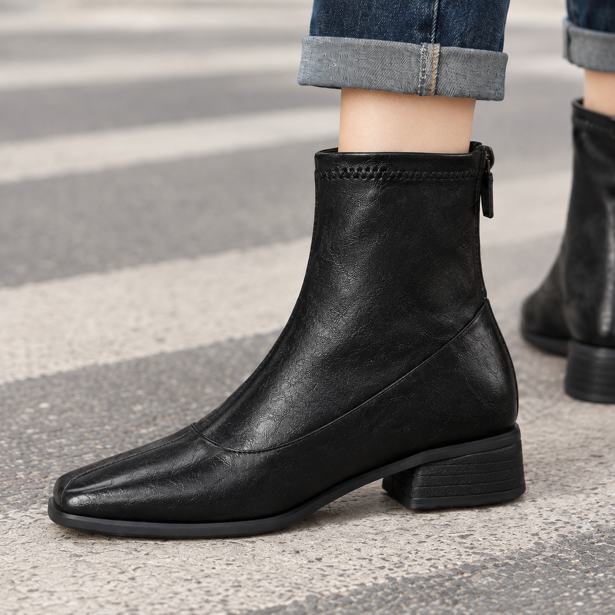 Person wearing black square toe ankle boots with low block heels and back zips, standing on a crosswalk in cuffed blue jeans._1
