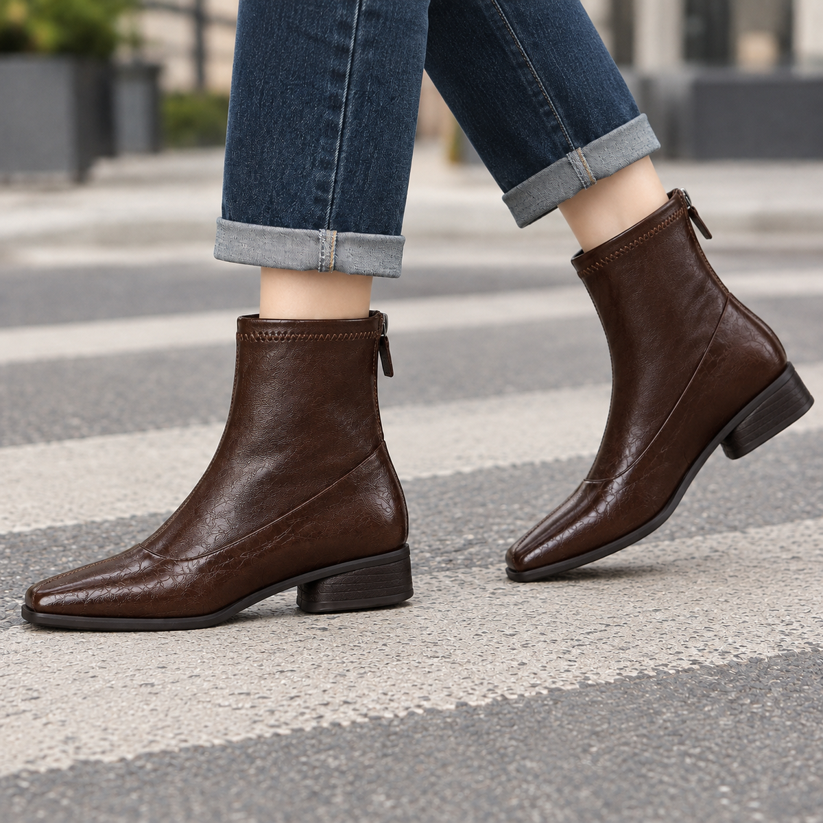 Melanie | Black square toe ankle boots with low block heel and back zip