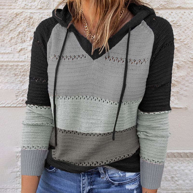 Jennifer | Colorblock striped hooded knit sweater with drawstring and v-neck