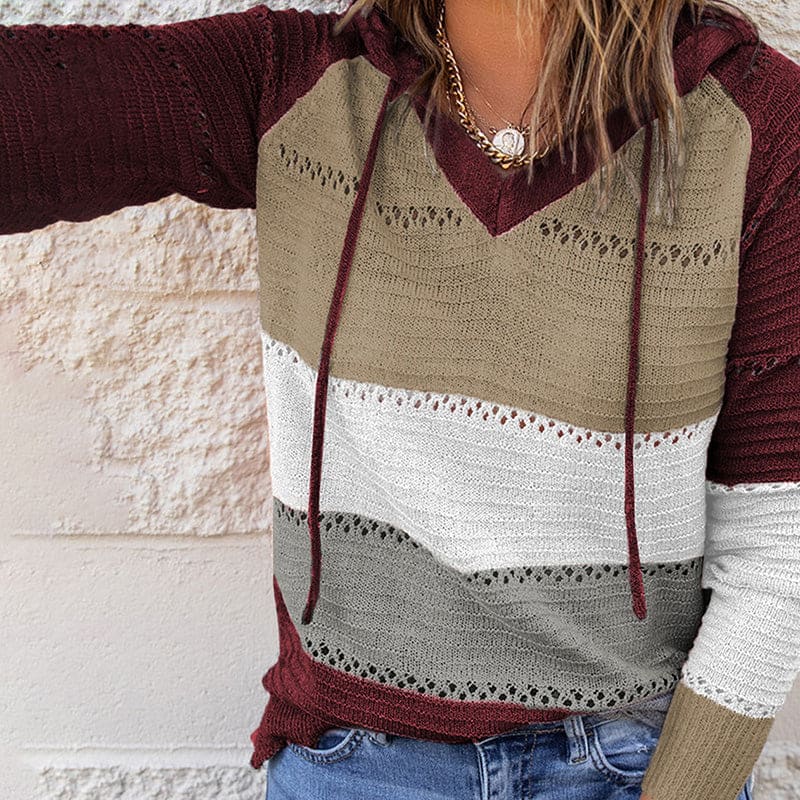Jennifer | Colorblock striped hooded knit sweater with drawstring and v-neck