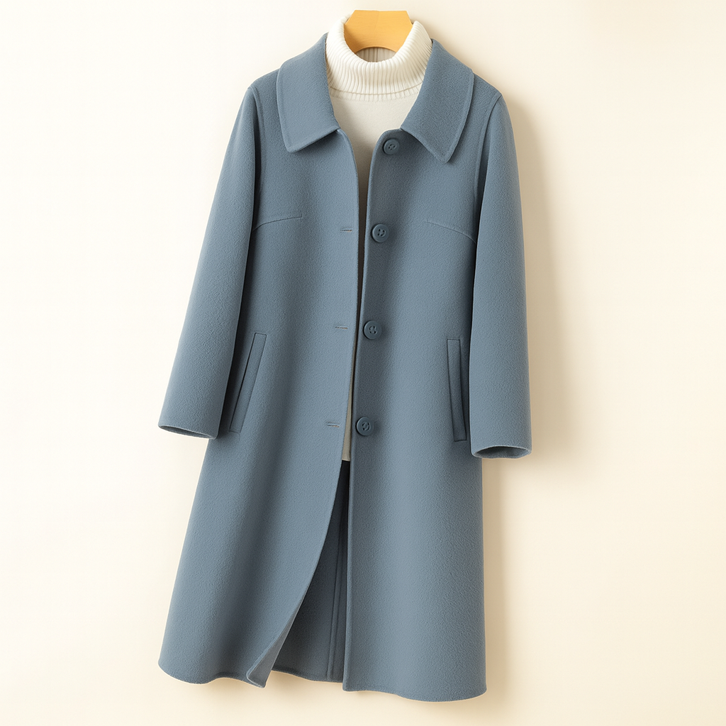 A mid length button front coat with a pointed collar, long sleeves, and side welt pockets shown on a hanger._0