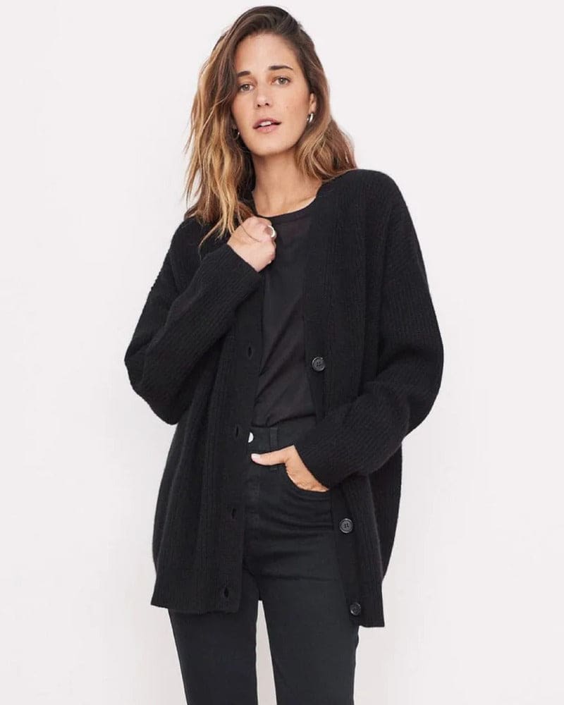 Woman wearing an oversized ribbed cardigan with button-front closure and relaxed cocoon fit, styled with neutral pants._3