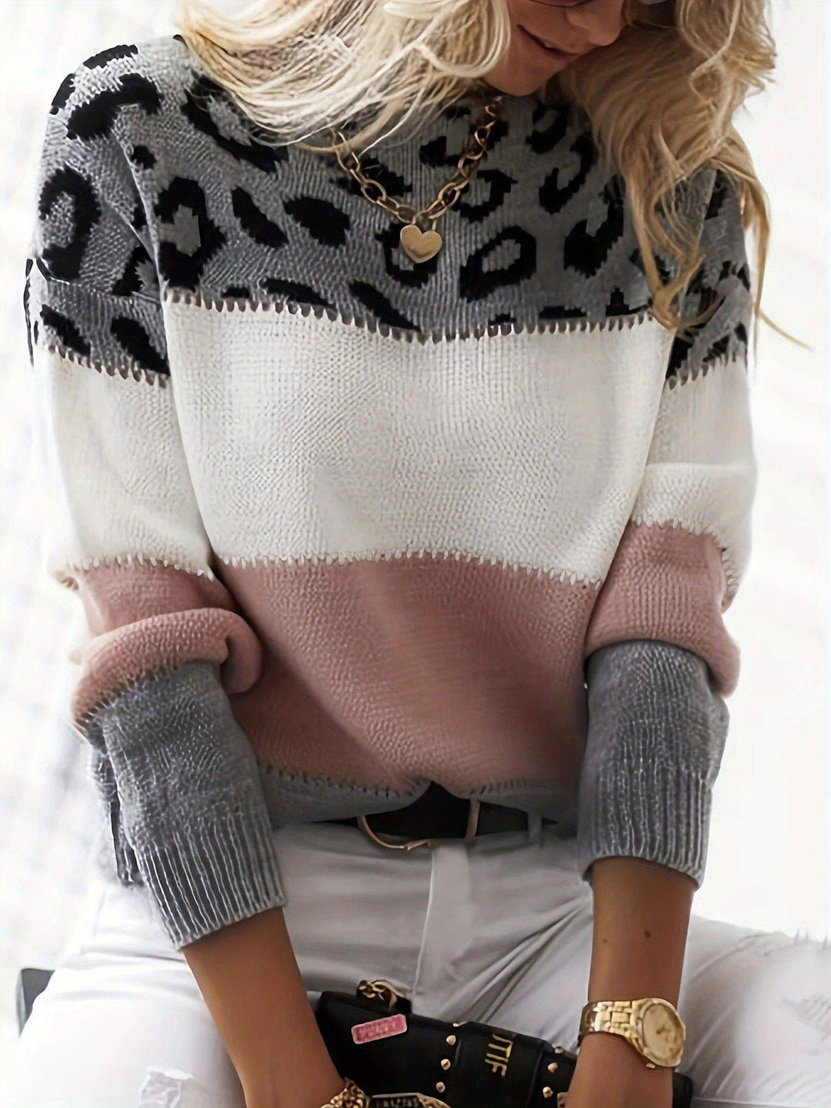 Charlotte | Color Block Leopard Print Sweater with Ribbed Details