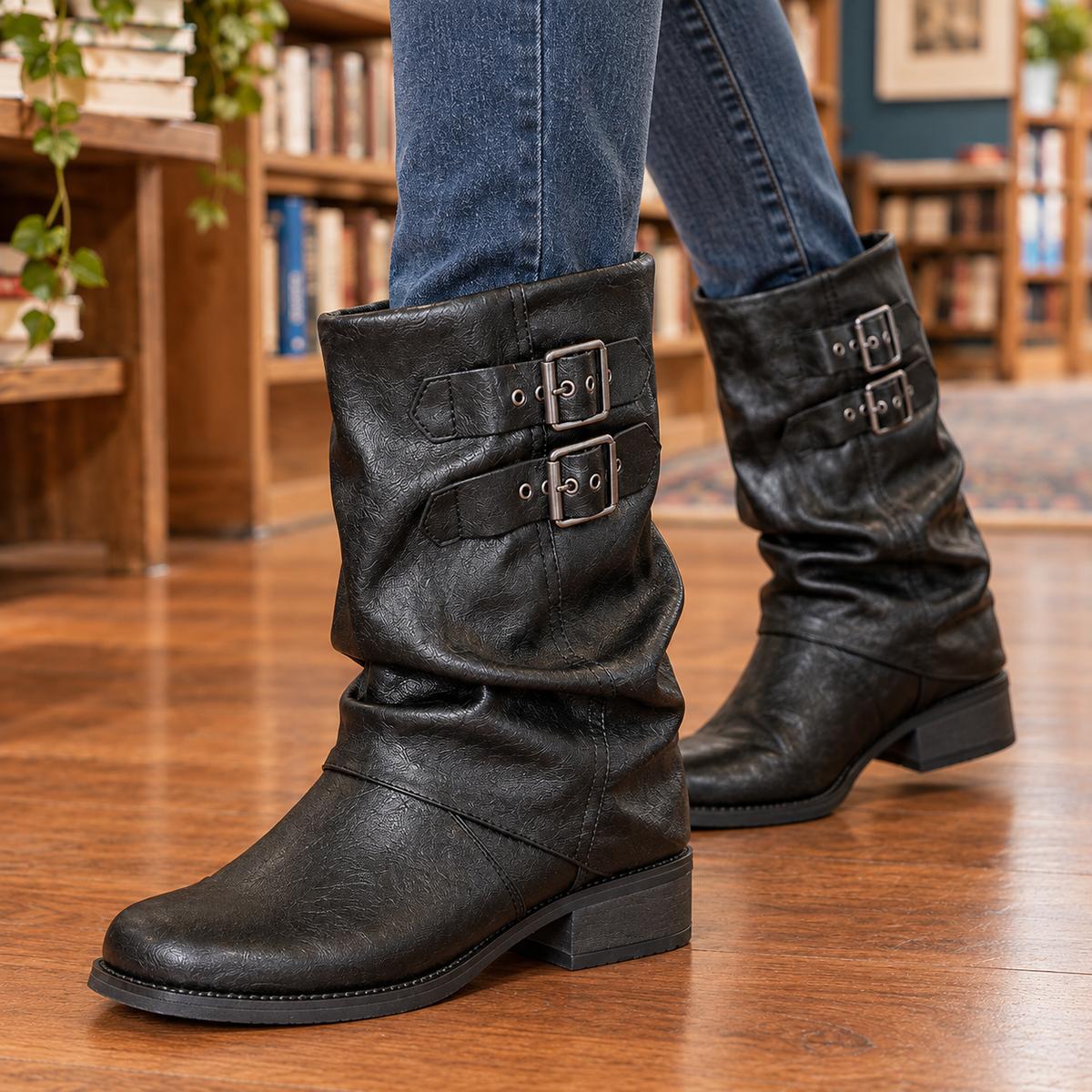 Black mid-calf slouch boots with two silver buckle straps and a low block heel, worn with blue jeans on a wooden floor._1