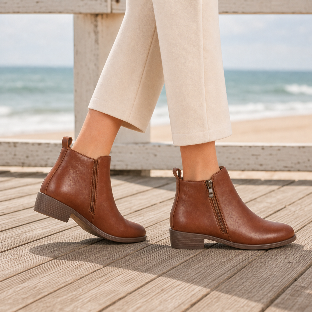 A person wearing tan ankle boots with side zips and low stacked heels, standing on a wooden boardwalk near the sea with cream wide-leg trousers._1