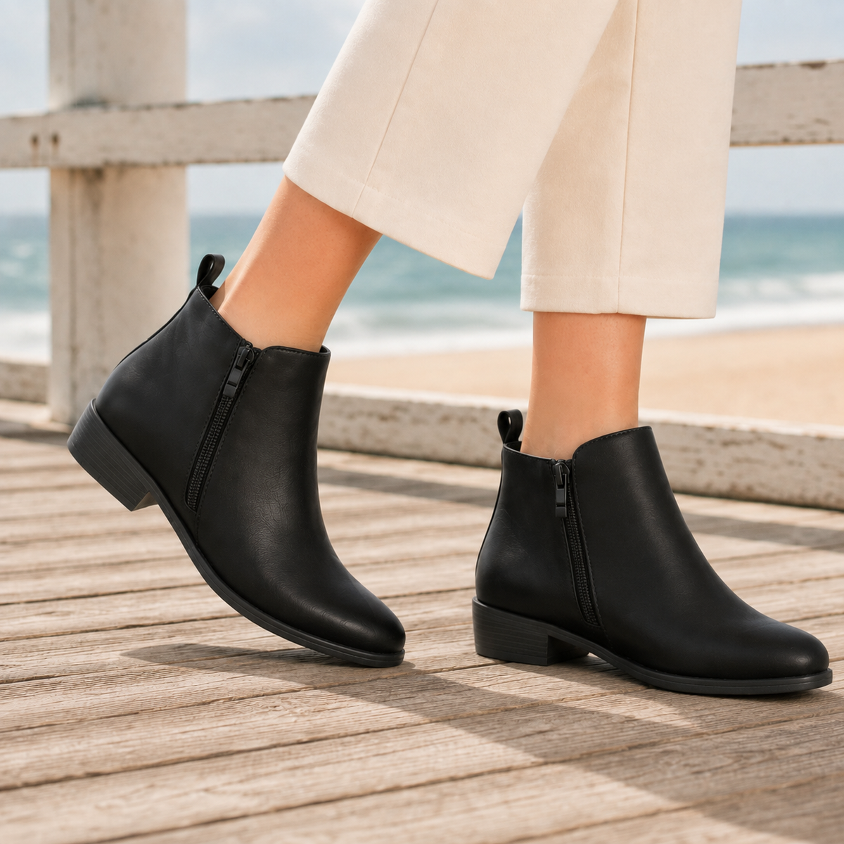 Harriet | Women's tan side-zip flat ankle boots with low block heel