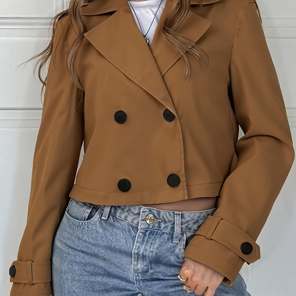 Deborah | Cropped Double Breasted Pea Coat with Notched Lapel and Button Tab Cuffs