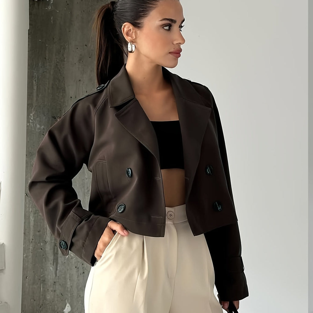 Millie | Cropped Double Breasted Pea Coat with Notched Lapel and Long Sleeves