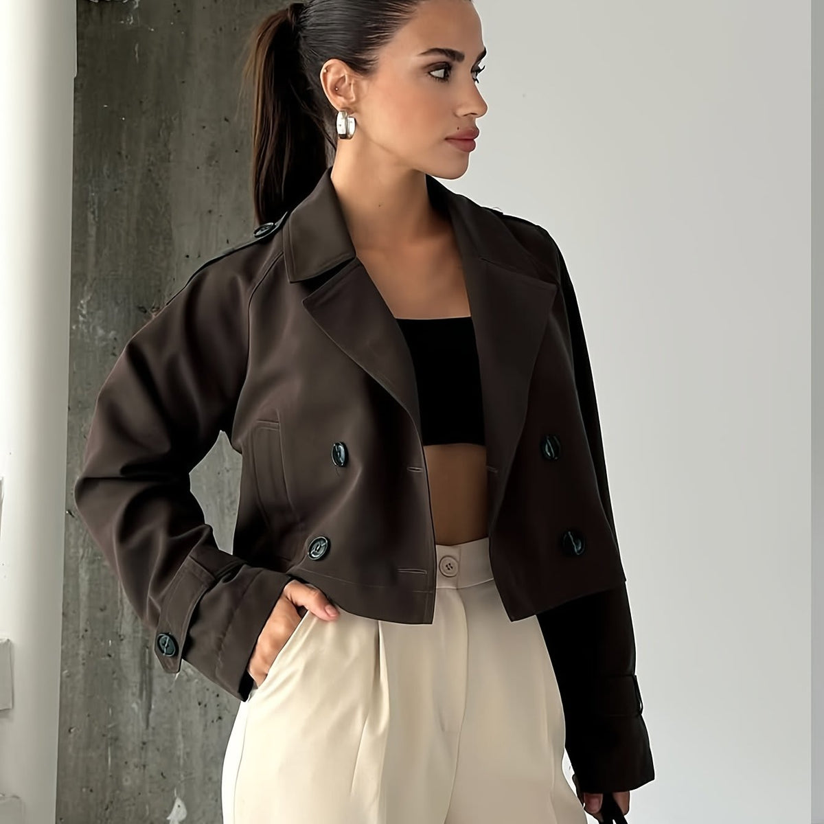 Millie | Cropped Double Breasted Pea Coat with Notched Lapel and Long Sleeves