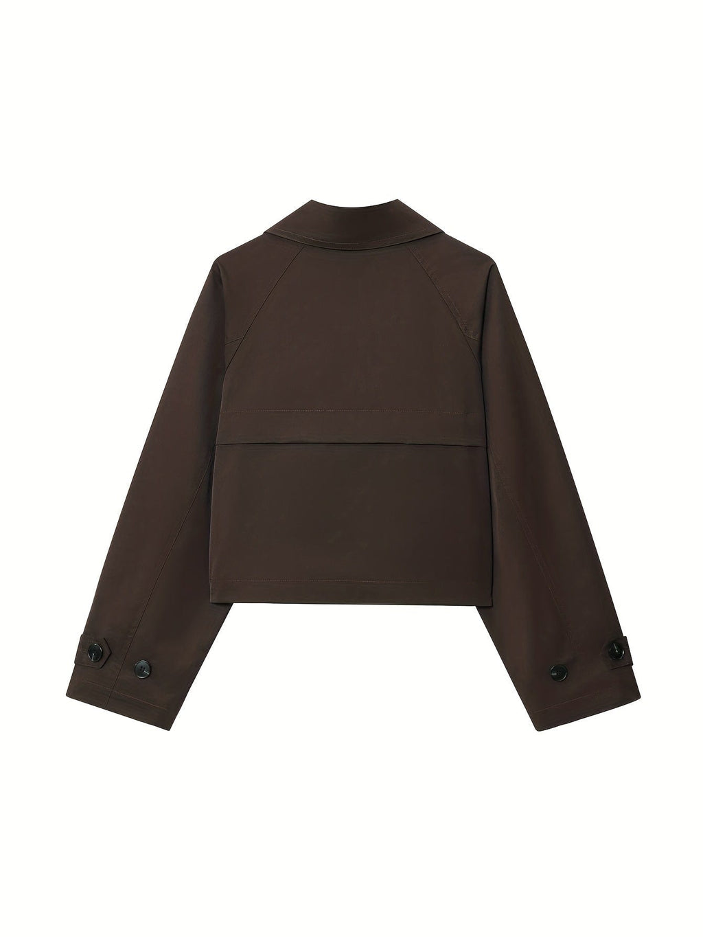 Woman wearing a cropped double breasted pea coat with notched lapel, long sleeves, and flap pockets, styled with high waisted trousers_6
