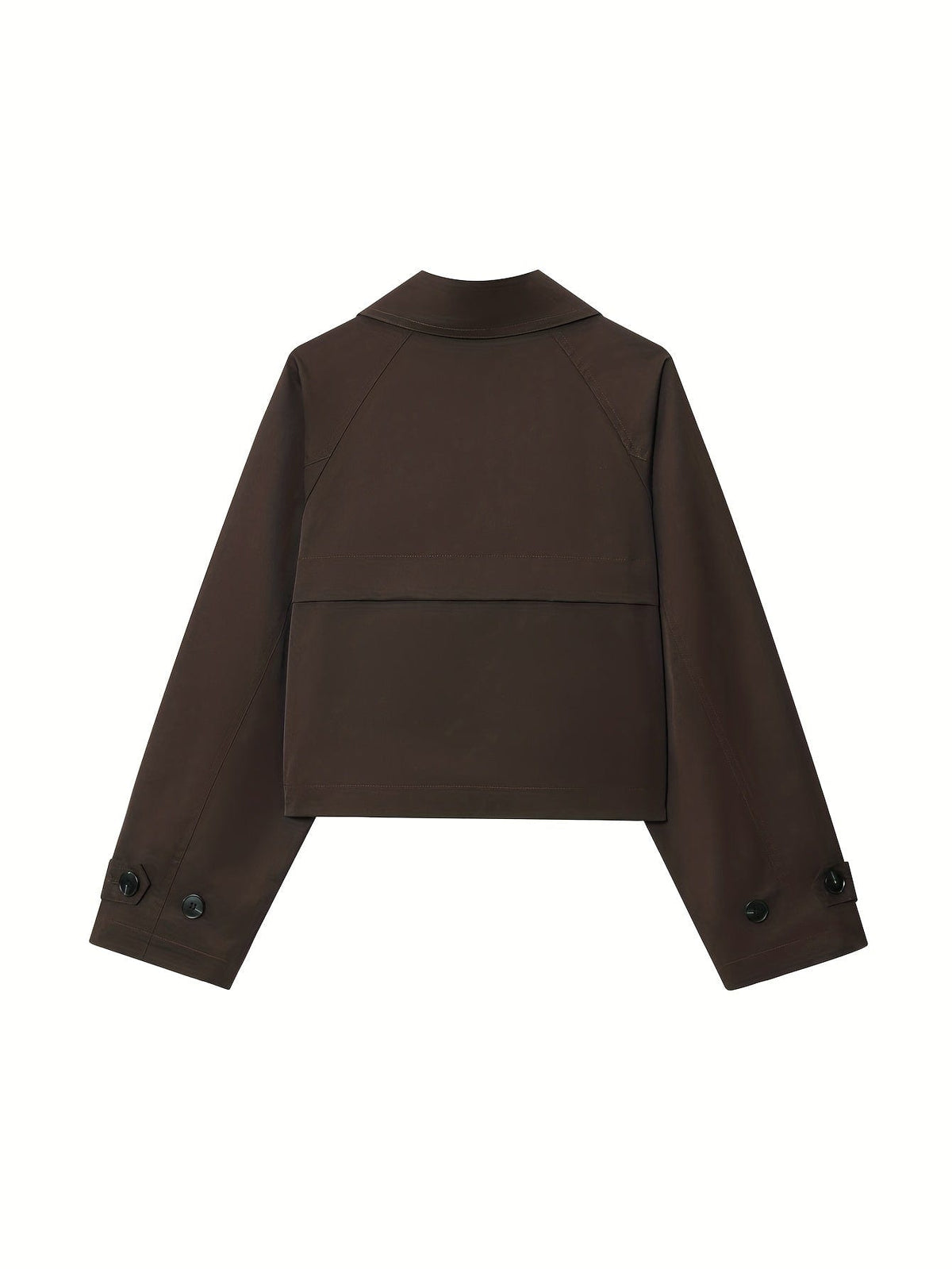 Woman wearing a cropped double breasted pea coat with notched lapel, long sleeves, and flap pockets, styled with high waisted trousers_6