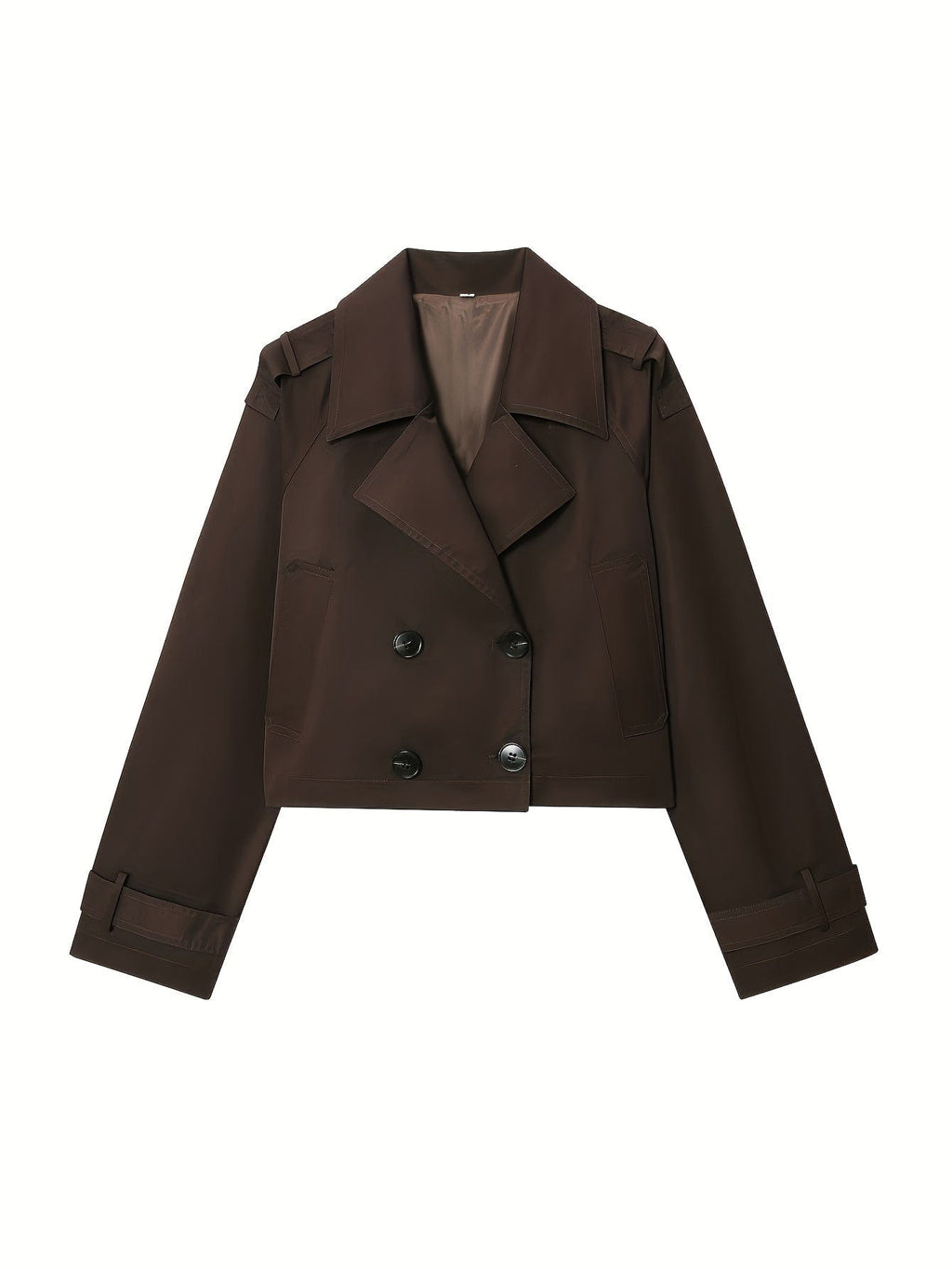 Woman wearing a cropped double breasted pea coat with notched lapel, long sleeves, and flap pockets, styled with high waisted trousers_8