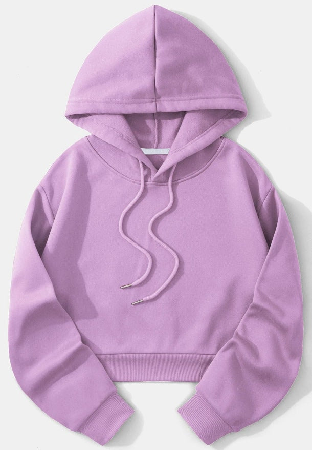 Lavender cropped hoodie displayed flat with the hood raised, long sleeves gathered at ribbed cuffs, and matching front drawstrings.