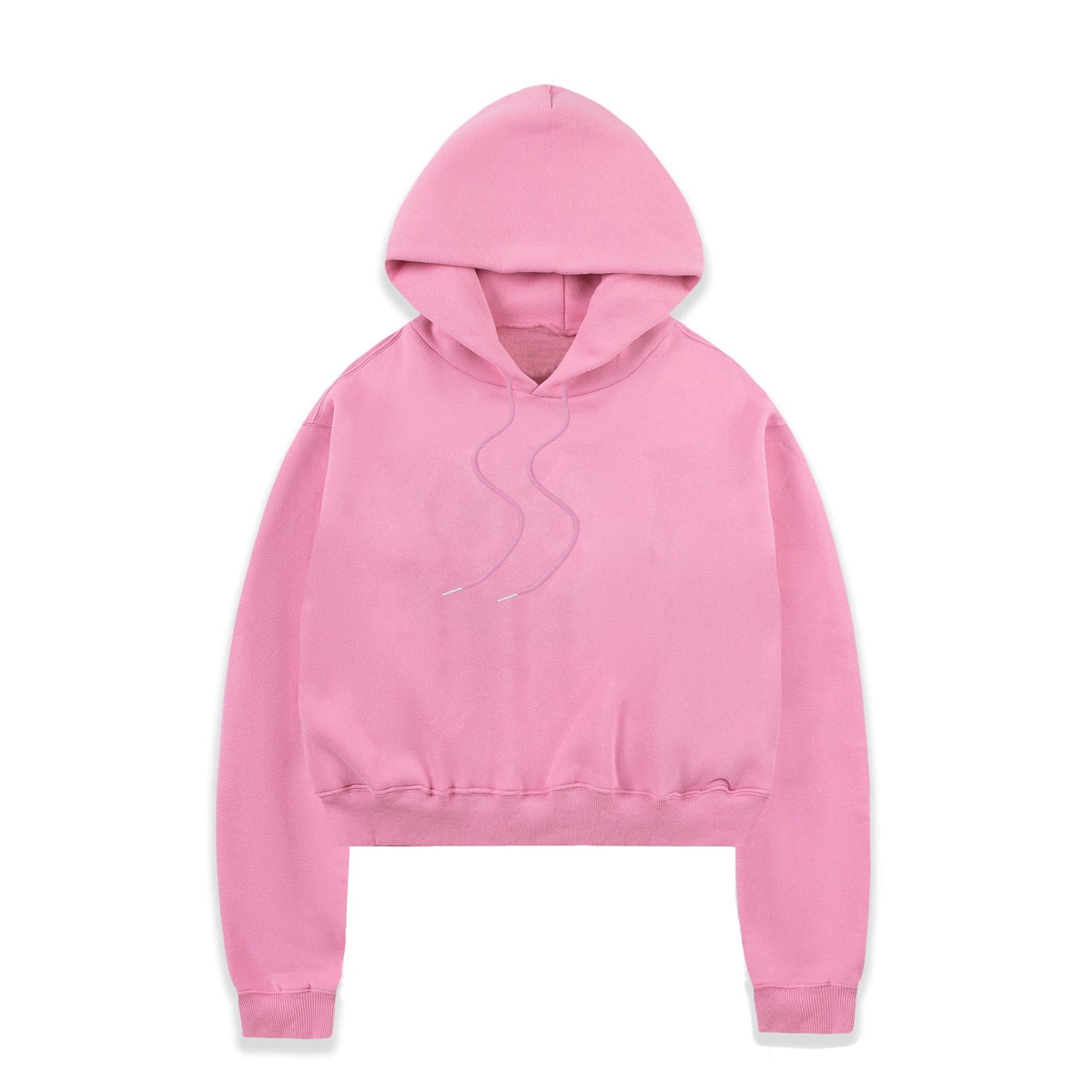 Pink cropped pullover hoodie with the hood raised, long sleeves, ribbed cuffs and hem, and drawstrings extending from the neckline.