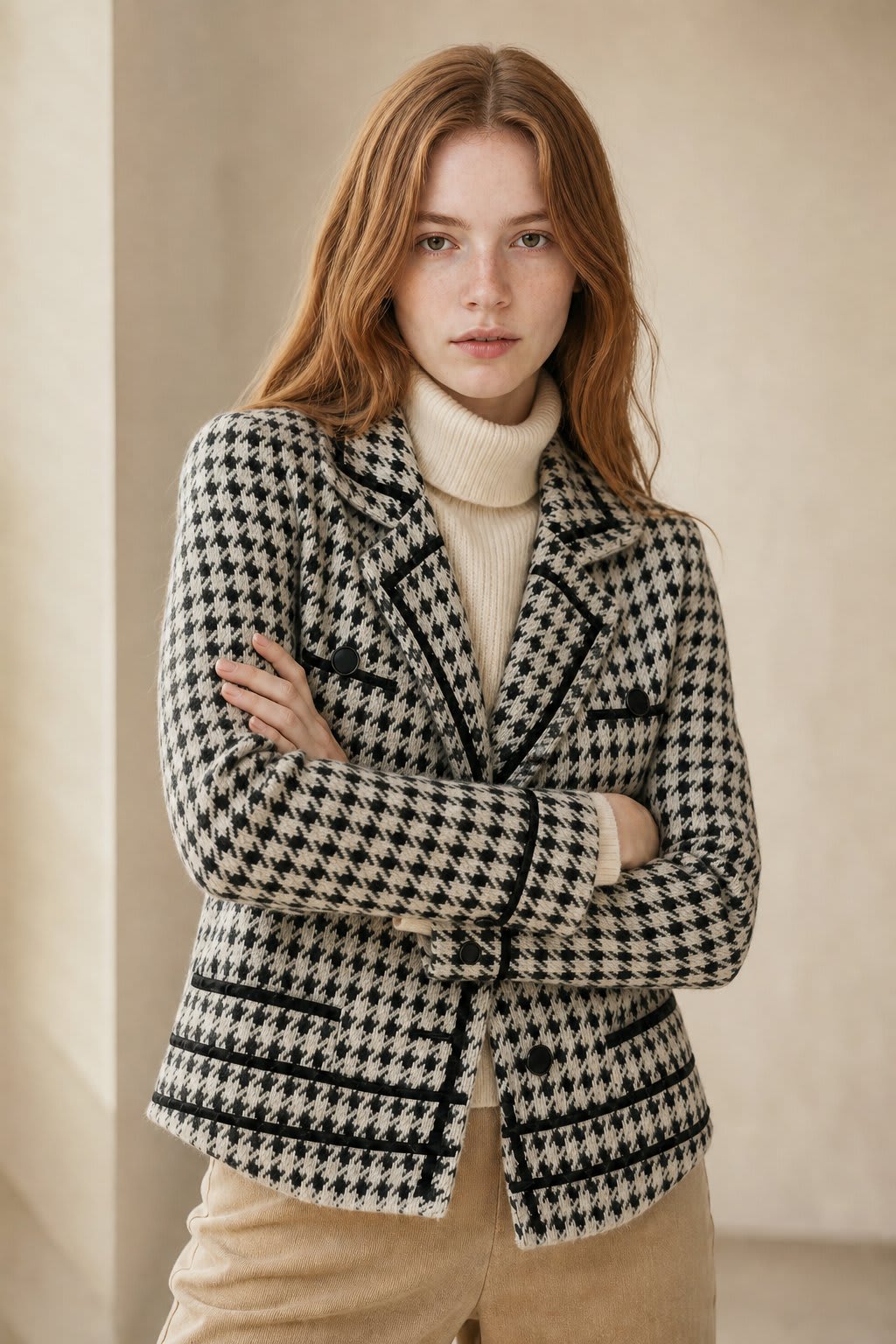 Rebecca | cropped knit jacket with double-breasted houndstooth pattern