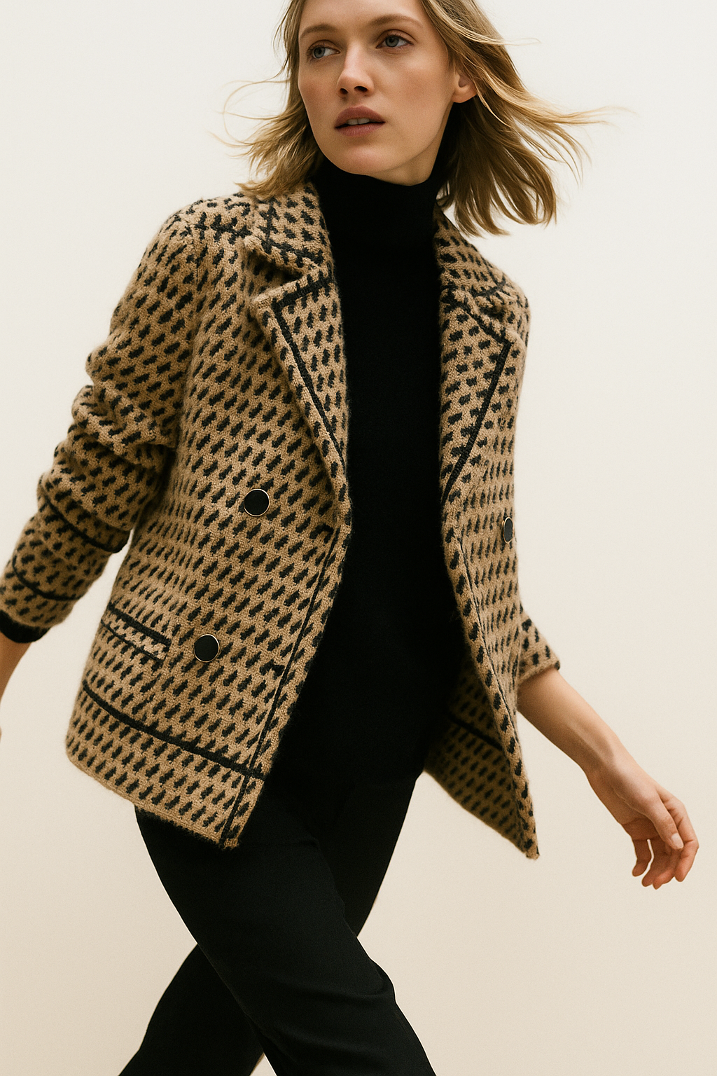 Woman wearing a cropped houndstooth knit jacket with double-breasted buttons over a black turtleneck._6
