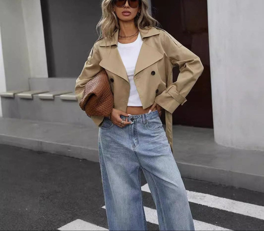 Lisa | Cropped Trench Coat with Double Breasted Front and Notched Lapel