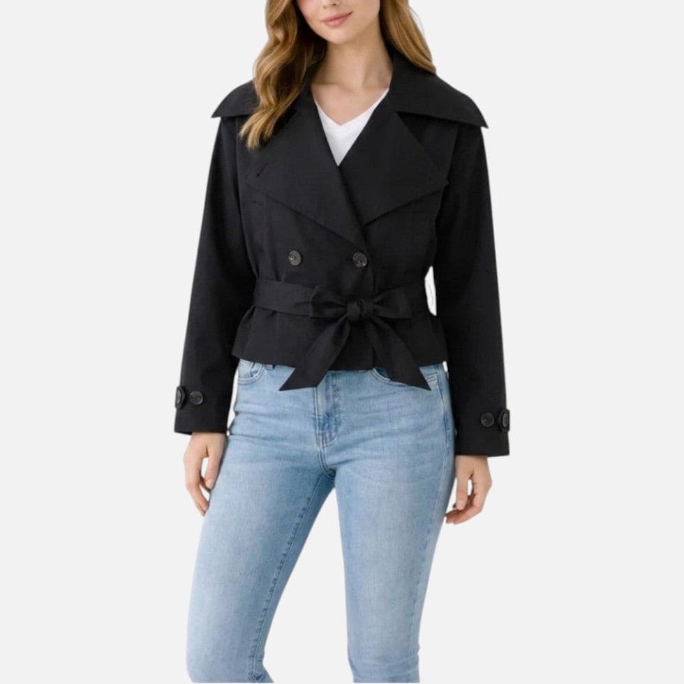 Jane | Cropped Trench Jacket with Double-Breasted Front and Belted Waist