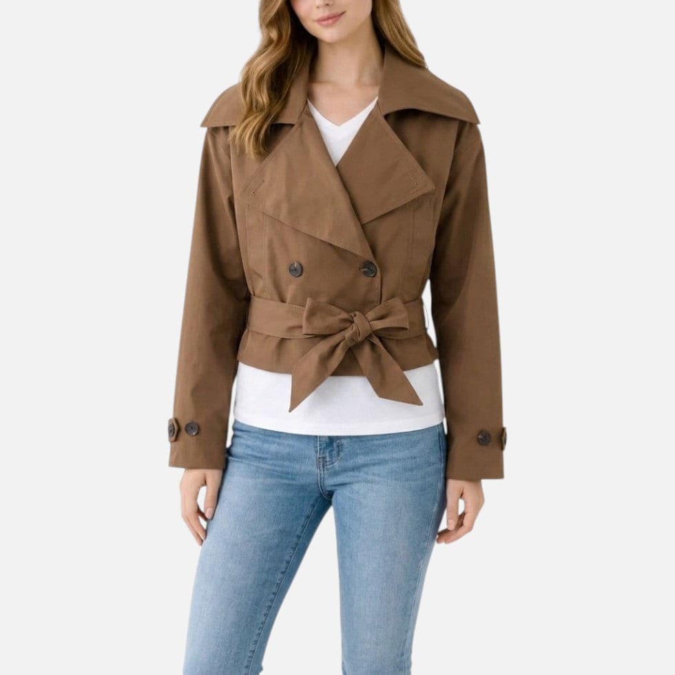 Jane | Cropped Trench Jacket with Double-Breasted Front and Belted Waist