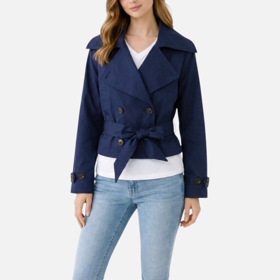 Jane | Cropped Trench Jacket with Double-Breasted Front and Belted Waist