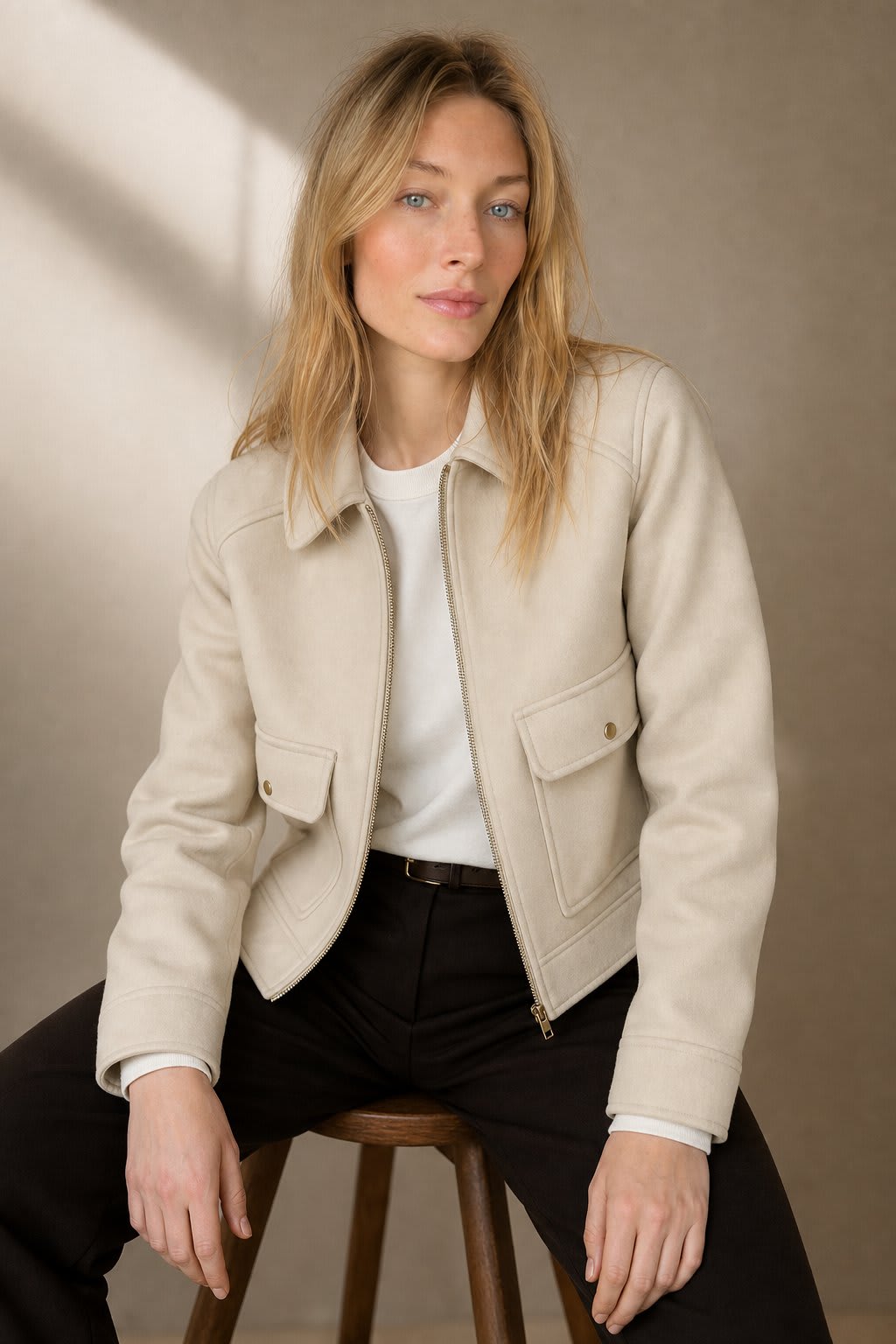 Woman wearing a cropped zip-front jacket with collar and chest pockets, styled over a light sweater and dark pants._2