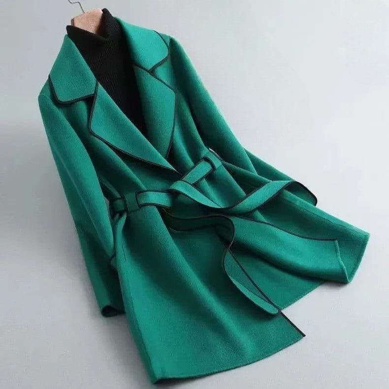 Janet | Wrap Coat With Contrast Trim And Adjustable Belt