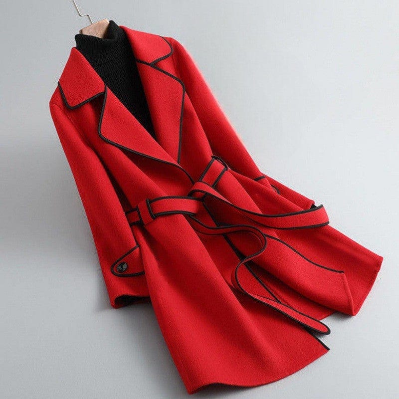 Janet | Wrap Coat With Contrast Trim And Adjustable Belt