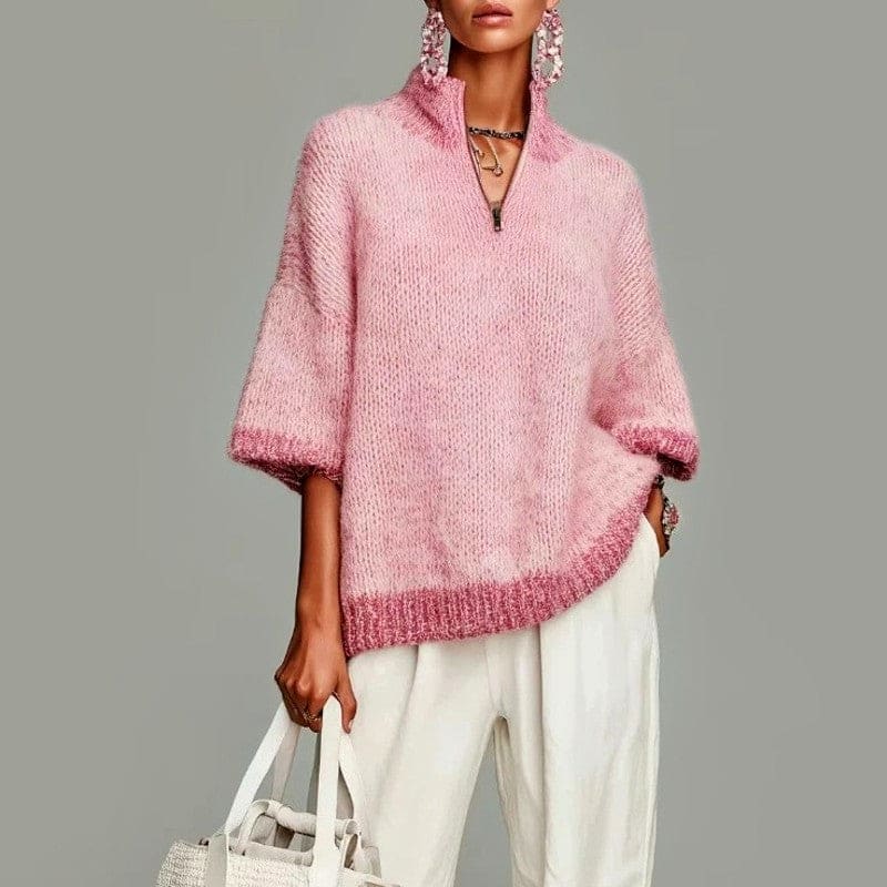 Emily | Quarter-zip contrast trim oversized knit sweater with three-quarter sleeves