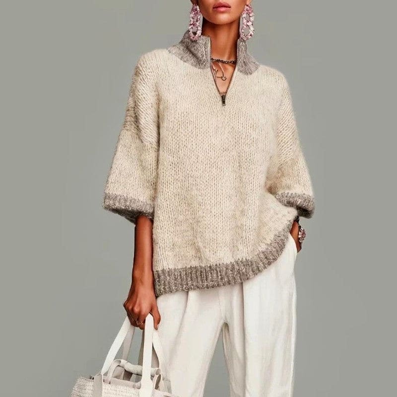 Emily | Quarter-zip contrast trim oversized knit sweater with three-quarter sleeves