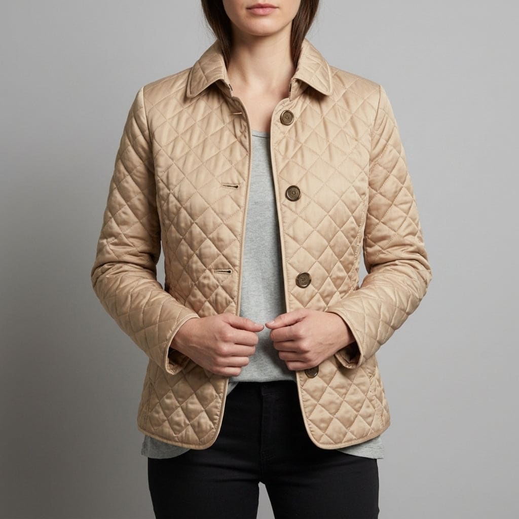 Woman wearing a beige diamond quilted jacket with classic collar and button front closure._0