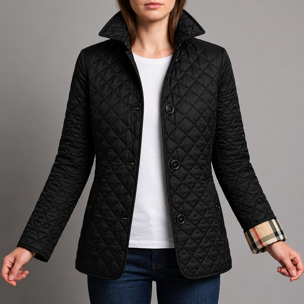 Jade | Diamond Quilted Jacket with Classic Collar and Button Front