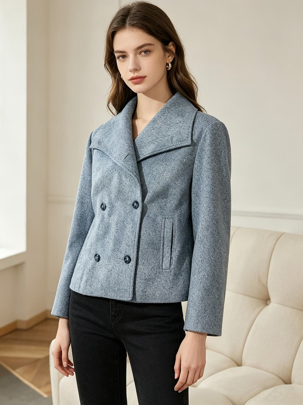 Woman wearing a double breasted cropped blazer with notch lapel and long sleeves in a tailored silhouette._4