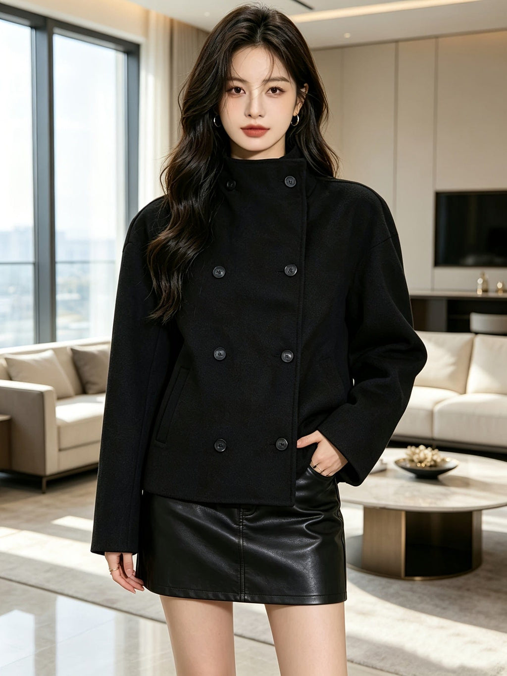 Woman wearing a double breasted cropped blazer with notch lapel and long sleeves in a tailored silhouette._5