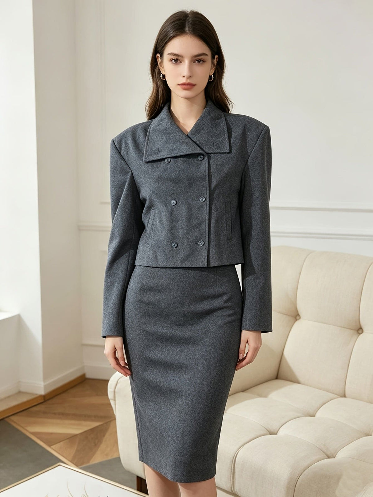 Woman wearing a double breasted cropped blazer with notch lapel and long sleeves in a tailored silhouette._6