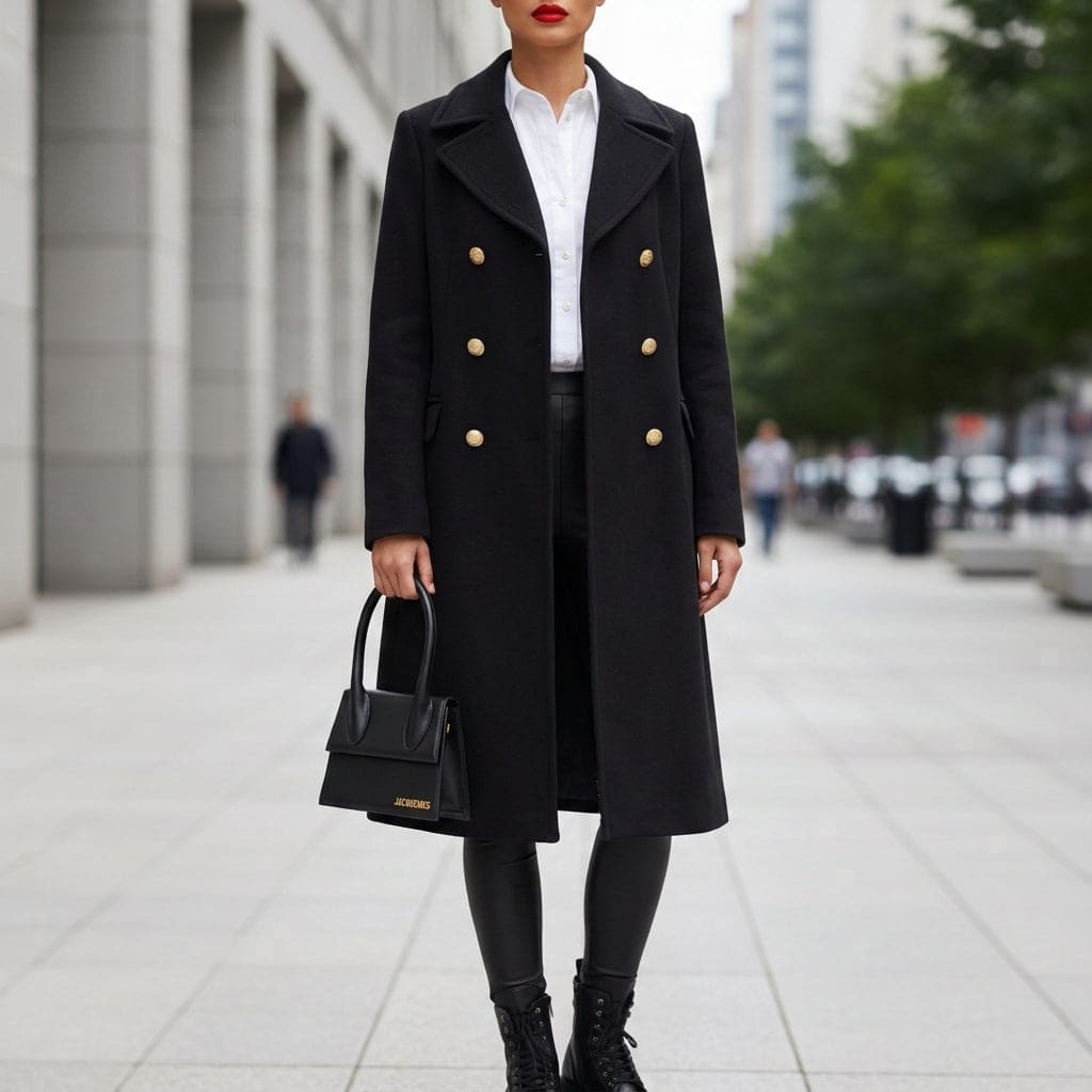 Model wearing a longline double-breasted coat with gold buttons over a white shirt and black pants on a city street._0