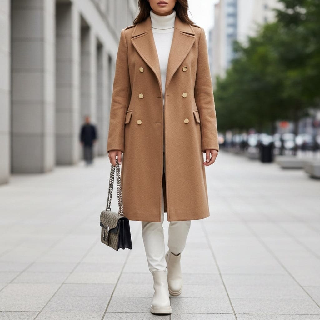 Marilyn | Double-Breasted Longline Coat with Gold Button Detail