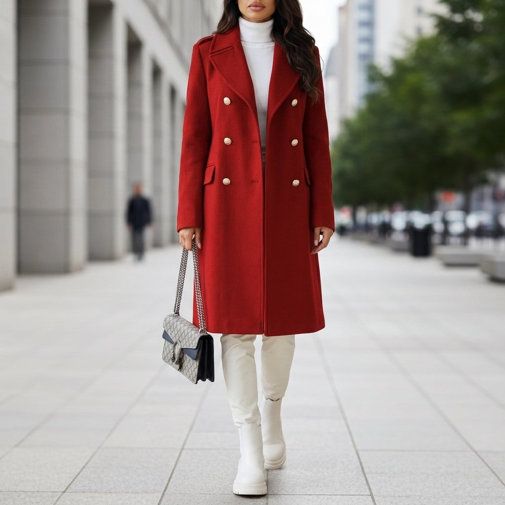 Marilyn | Double-Breasted Longline Coat with Gold Button Detail
