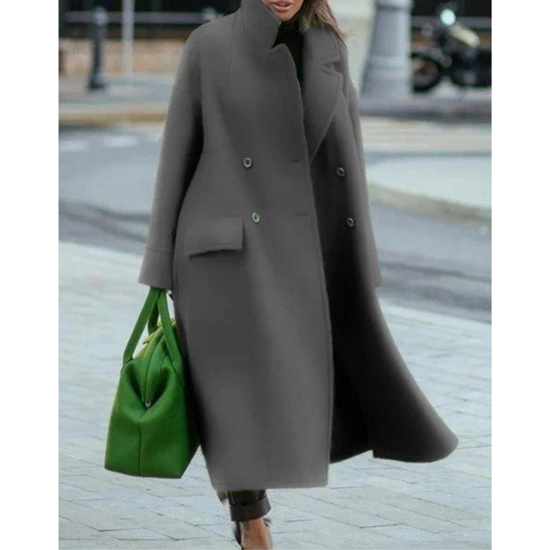 Freya | Double Breasted Longline Coat with Stand Collar and Maxi Length