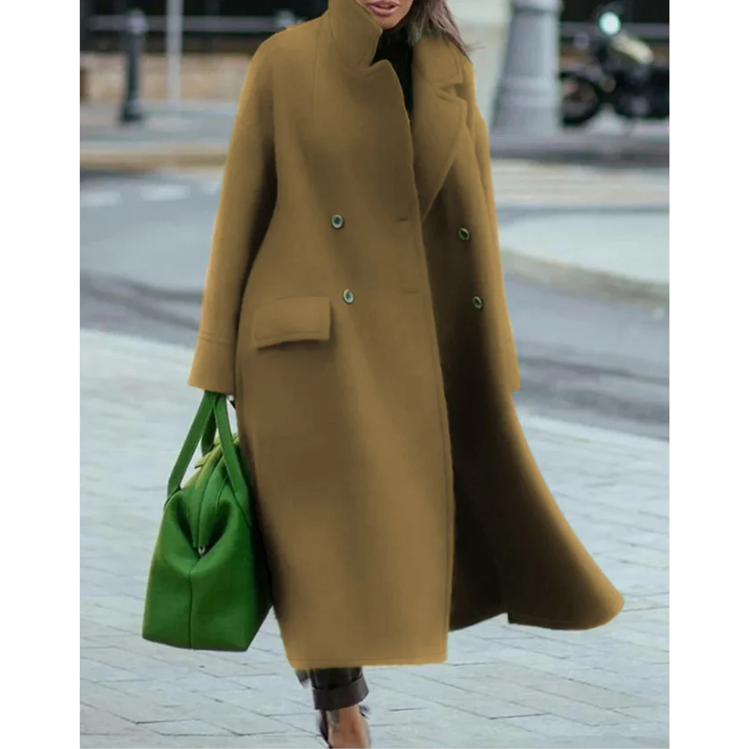 Freya | Double Breasted Longline Coat with Stand Collar and Maxi Length