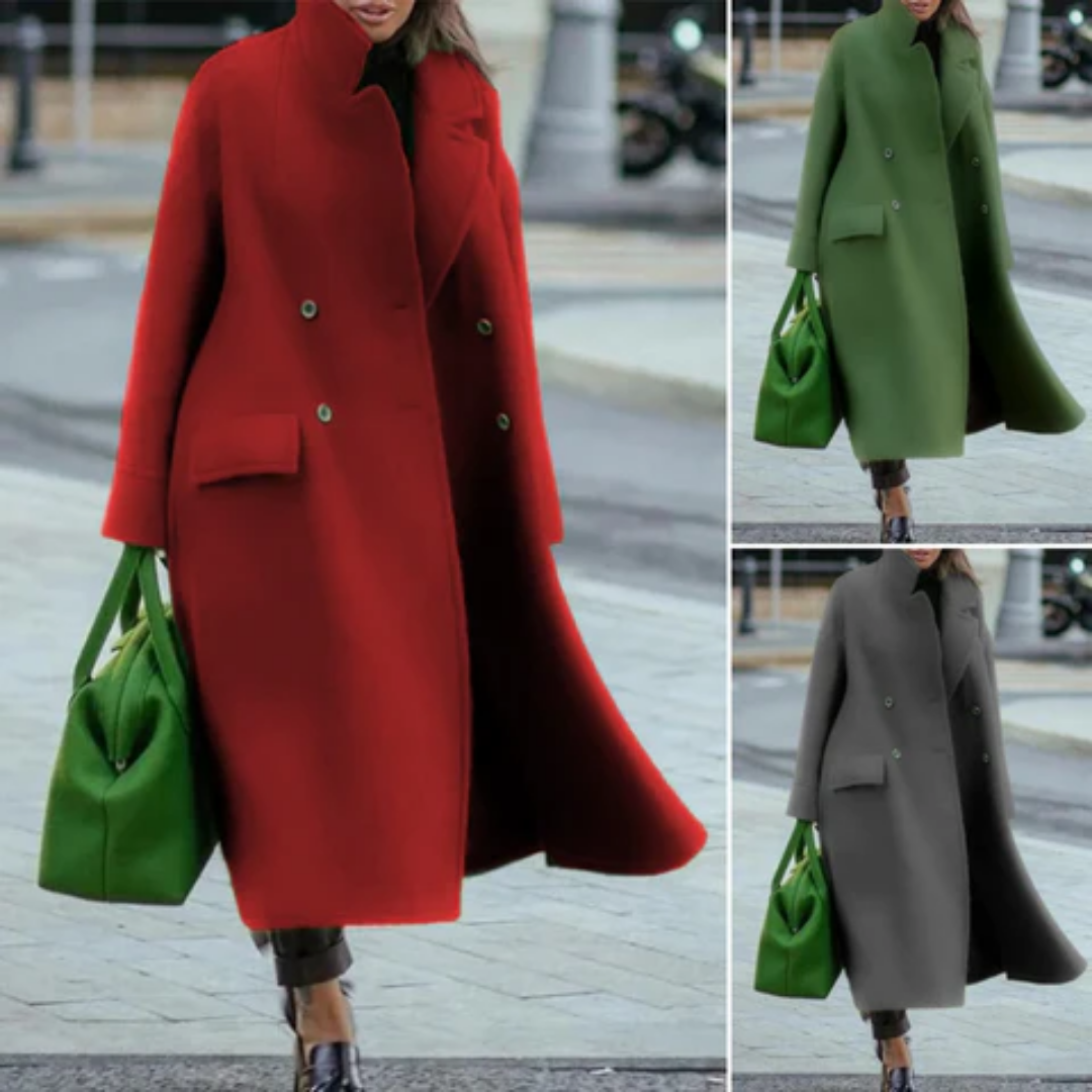 Freya | Double Breasted Longline Coat with Stand Collar and Maxi Length