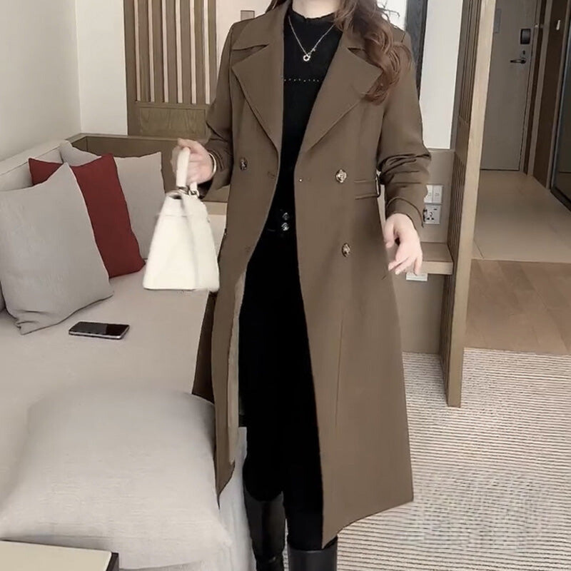 Leah | Double-Breasted Longline Trench Coat with Lapel Collar and Belted Waist