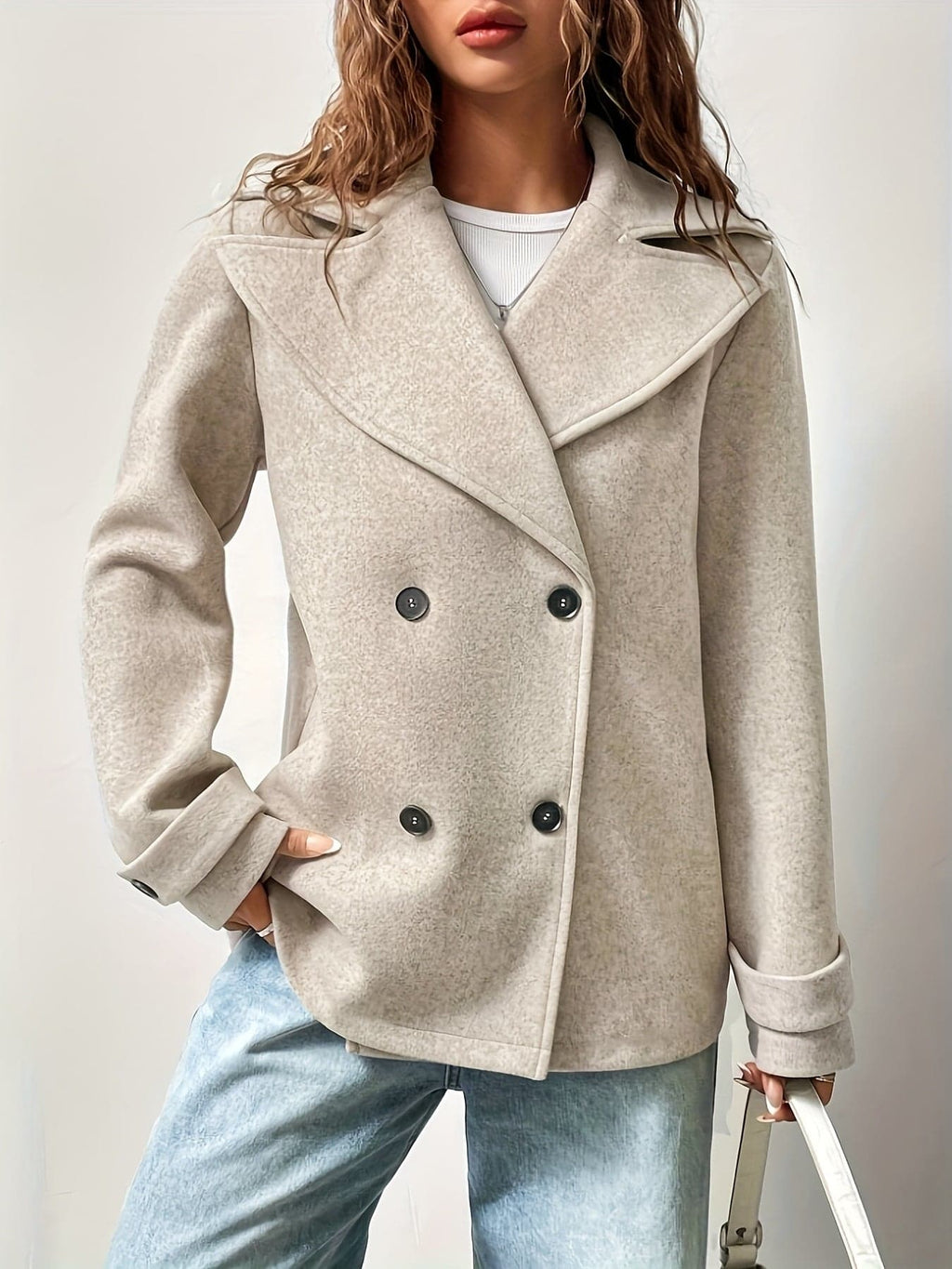 Woman wearing an oversized double-breasted pea coat with notched lapel, white crop top, and light wash jeans against a neutral background._5