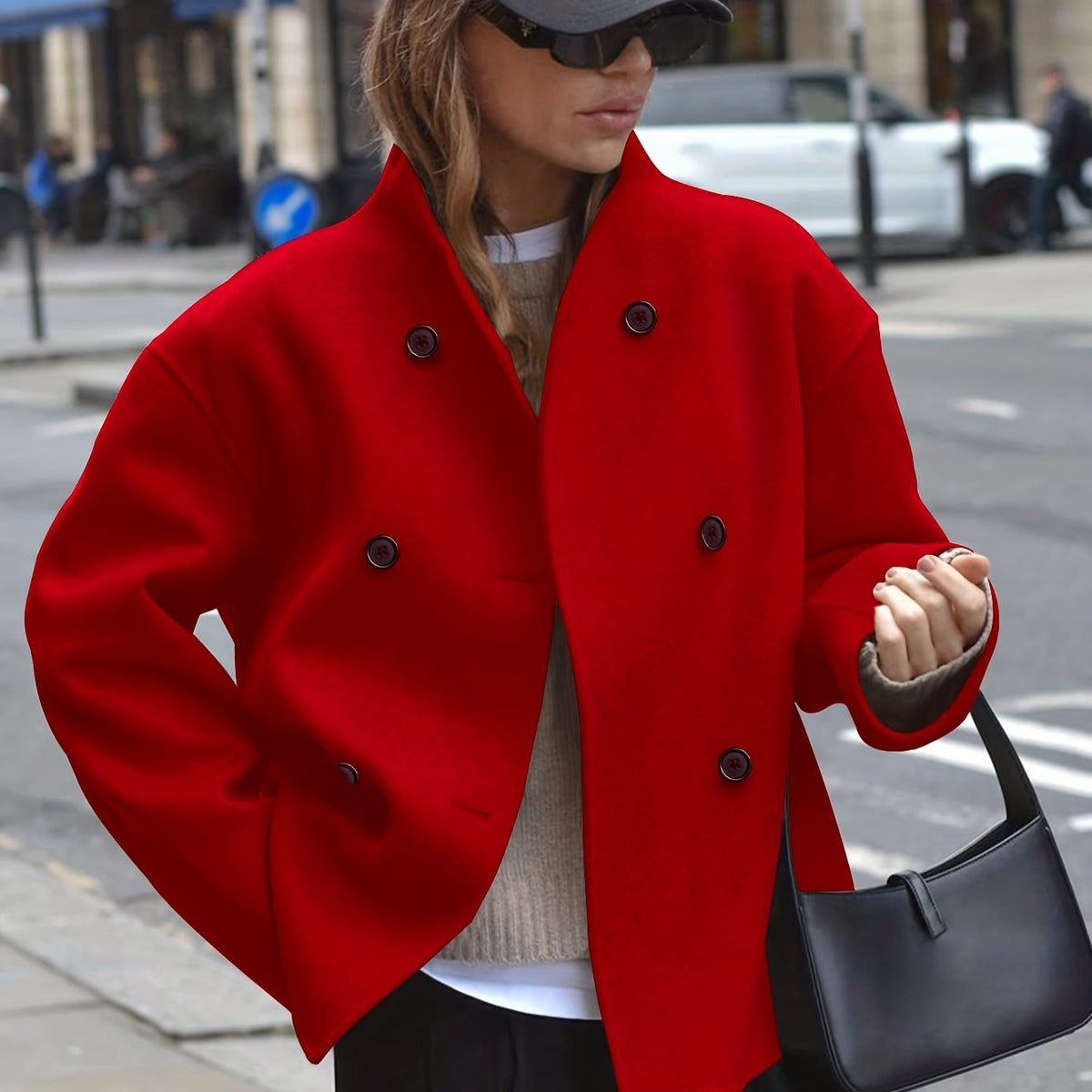 Florence | Double Breasted Pea Coat with Oversized Fit and Stand Collar