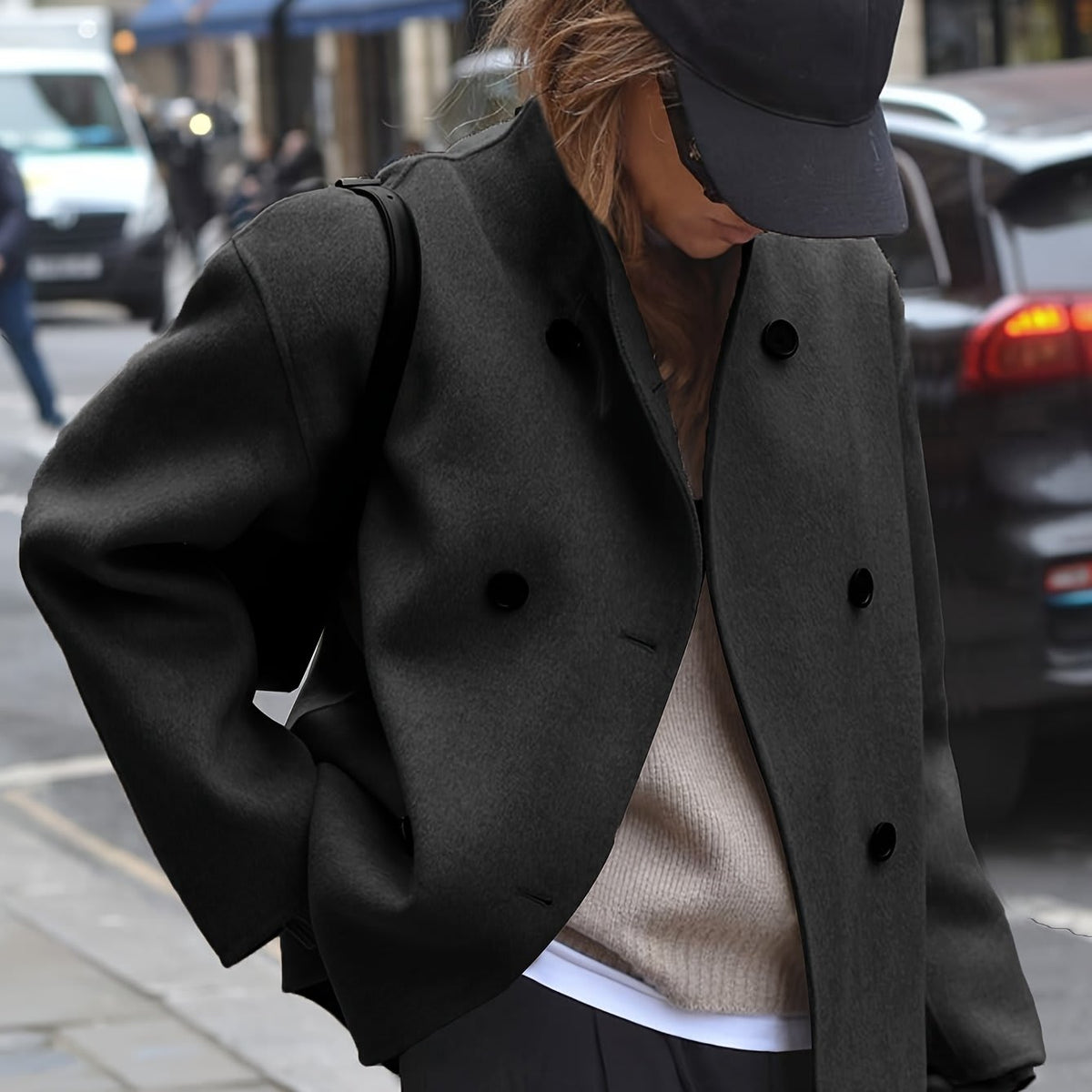 Florence | Double Breasted Pea Coat with Oversized Fit and Stand Collar