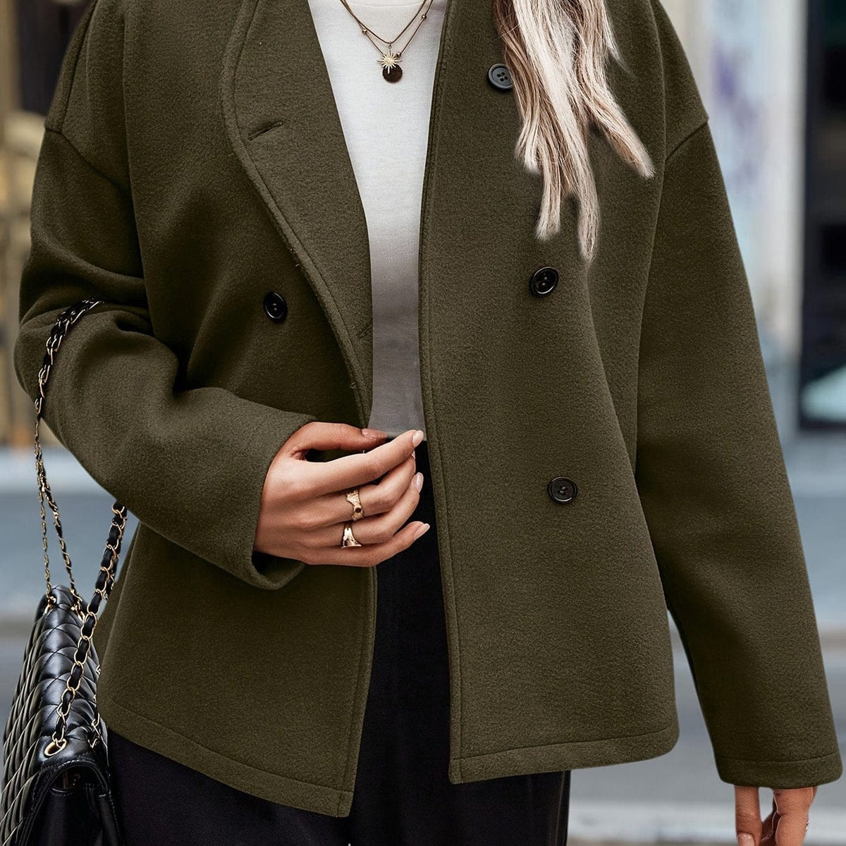 Sandra | Double Breasted Pea Coat with Stand Collar and Relaxed Silhouette