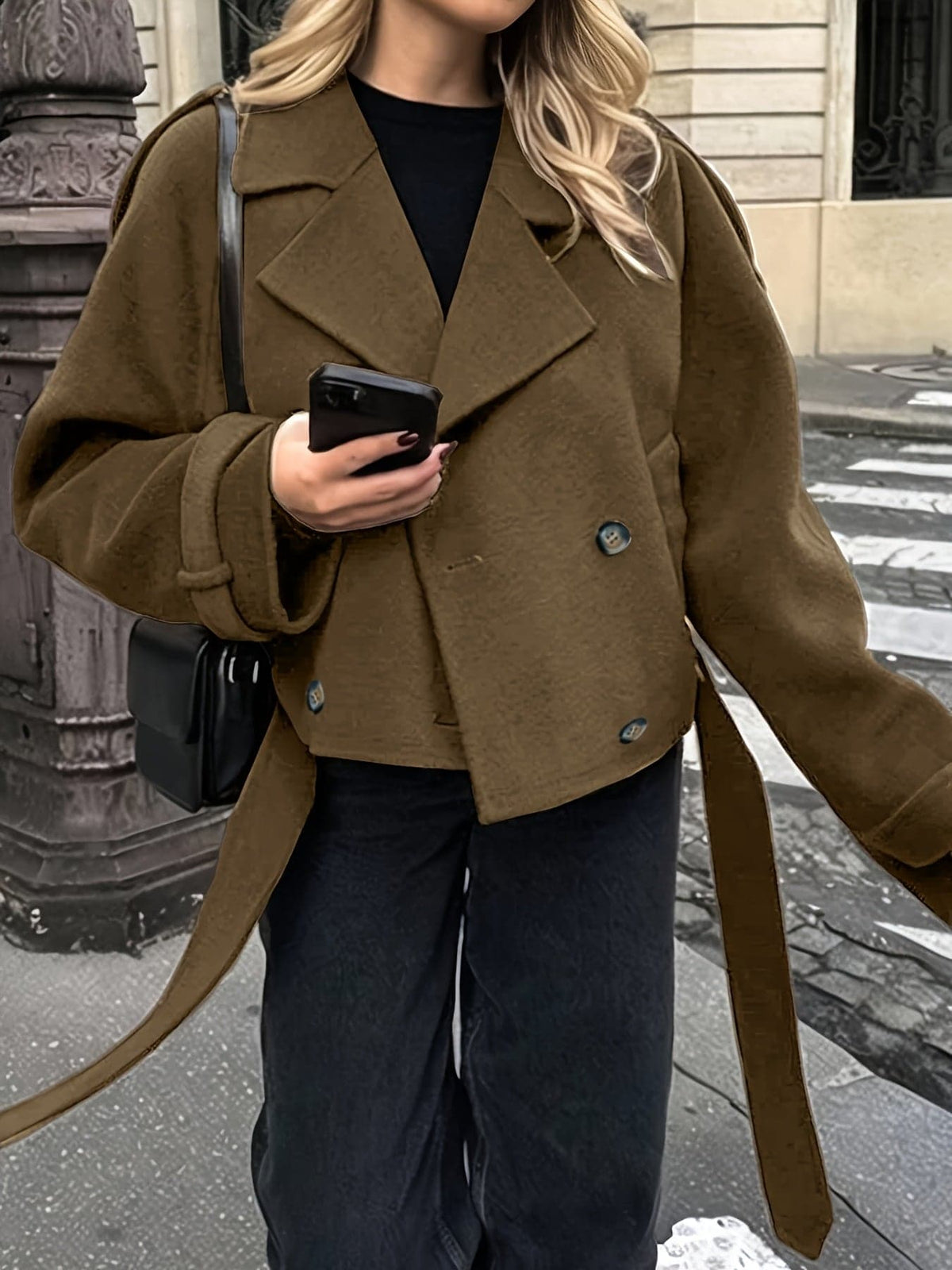 Woman wearing an olive green double breasted pea coat with notch lapel and tie belt over black outfit on city street_0