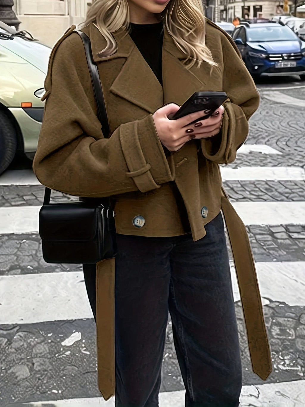 Woman wearing an olive green double breasted pea coat with notch lapel and tie belt over black outfit on city street_1